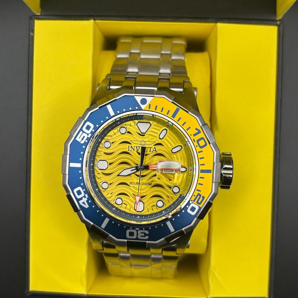 Invicta 47844 Pro Diver Wave Scuba Yellow Dial Blue Bezel Steel Alum Men's Watch - Picture 2 of 16